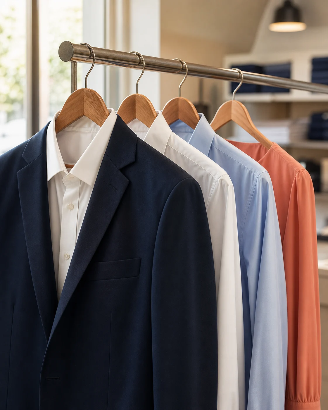 Freshly pressed shirts and a navy suit hanging in a clean garment-care shop